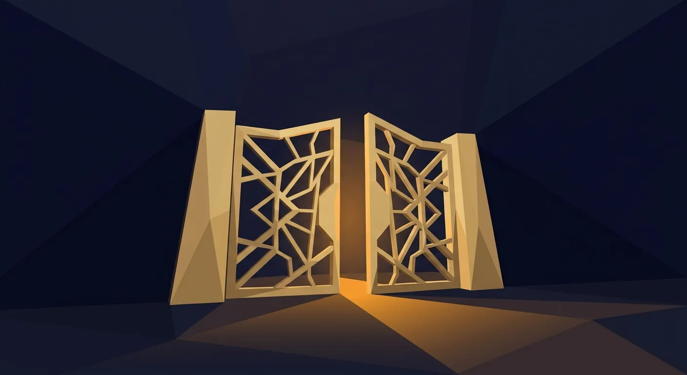 A pair of tall gates standing half open with warm light behind them.