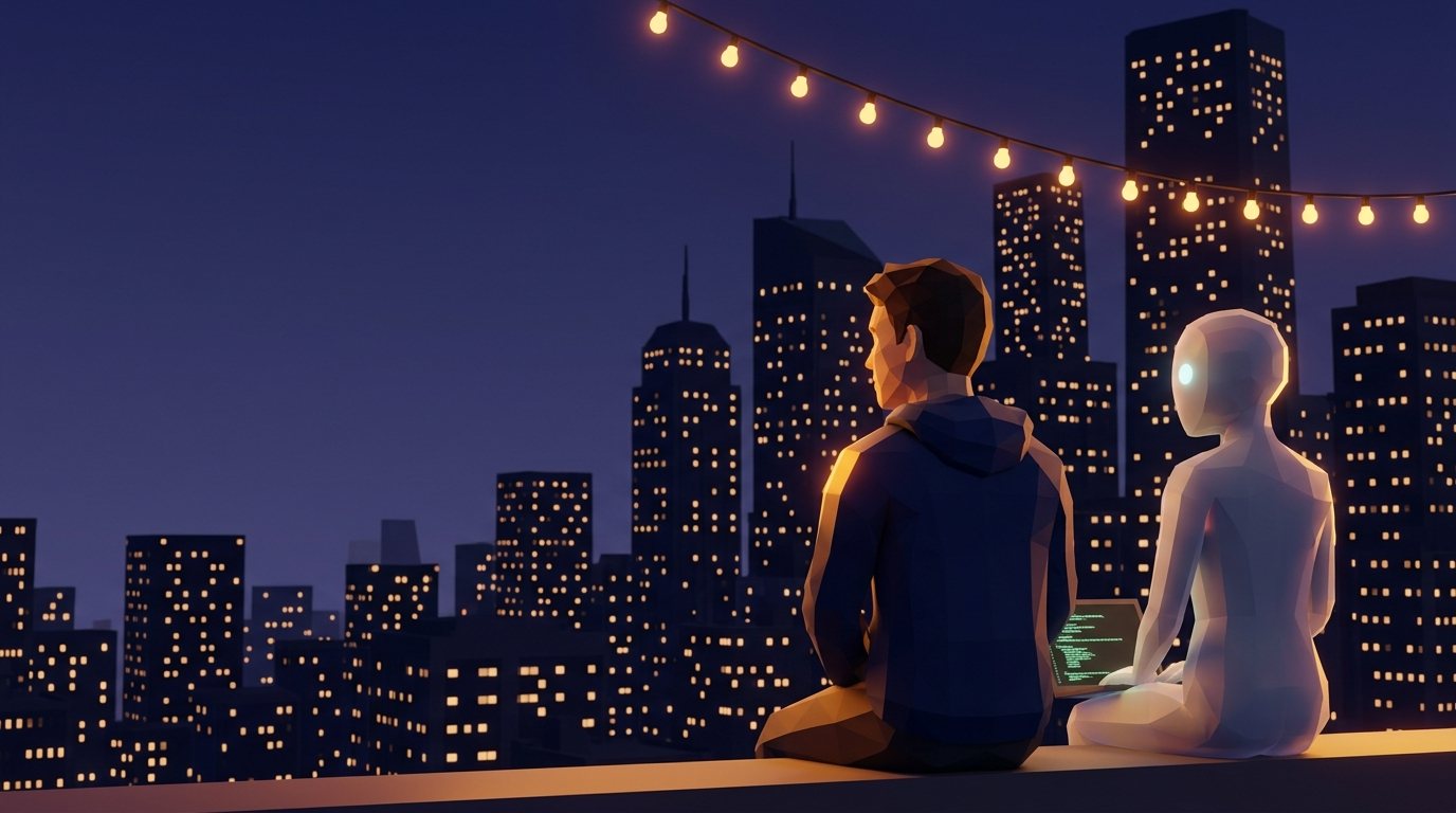 Two figures sit together on a rooftop at night under a string of warm bulbs, a laptop glowing between them, a city skyline behind.