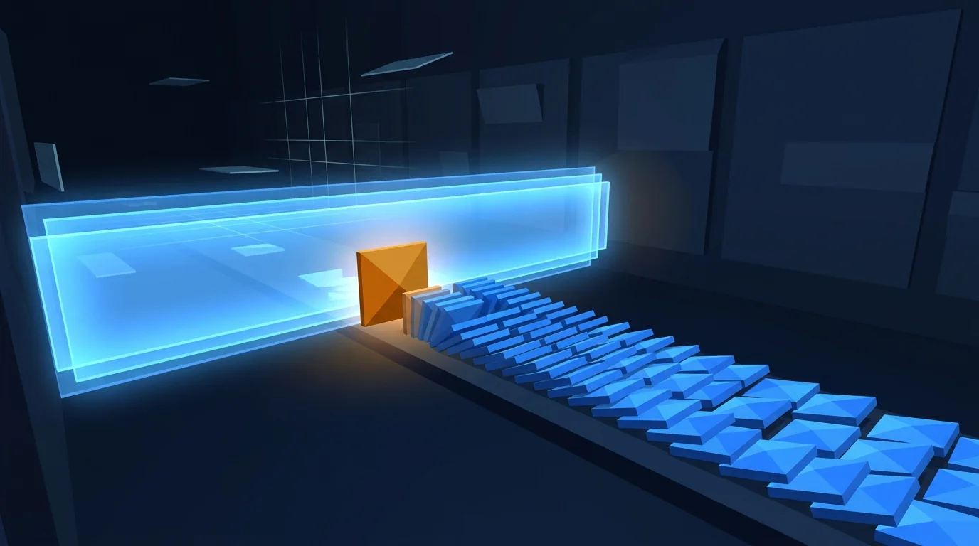 A luminous light barrier across a dark corridor, a stream of blue tiles stopping cleanly at the line with one amber tile held at the front.