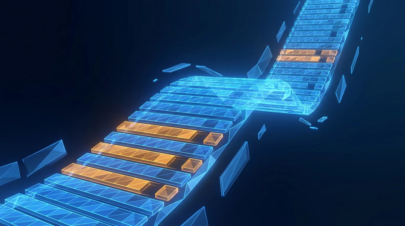 A long ribbon of glowing data rows unspooling through dark space, two rows lit amber to mark what was skipped.
