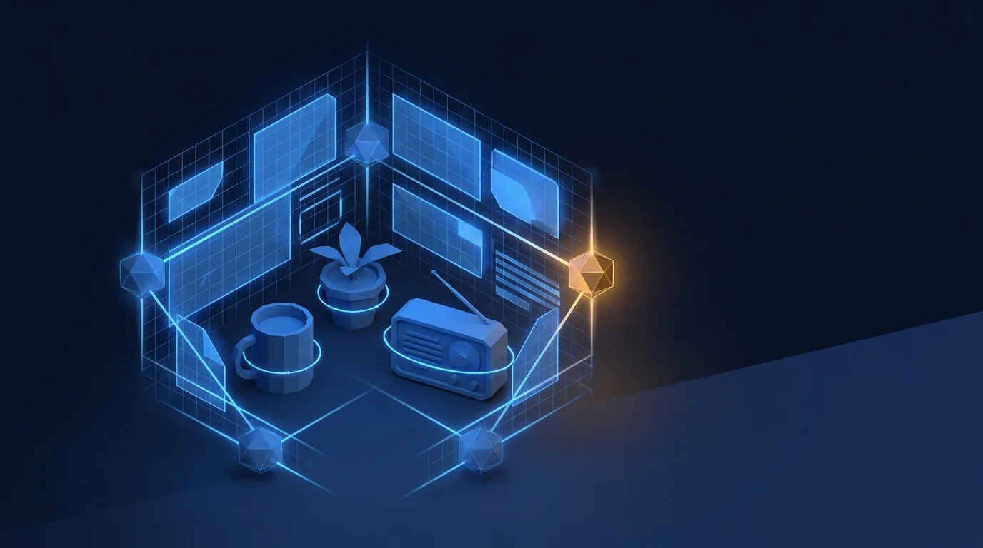 A holographic blueprint lattice assembling itself around a few everyday objects, one amber node where the structure locks in.