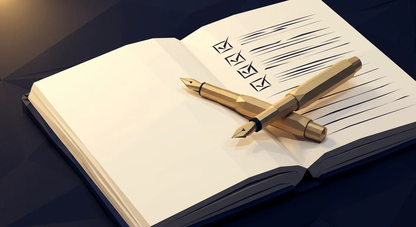 An open notebook under a warm lamp, a pen resting on a short checked list.