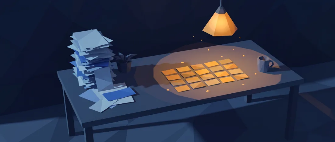A night desk where a stack of loose paper resolves into an ordered grid.