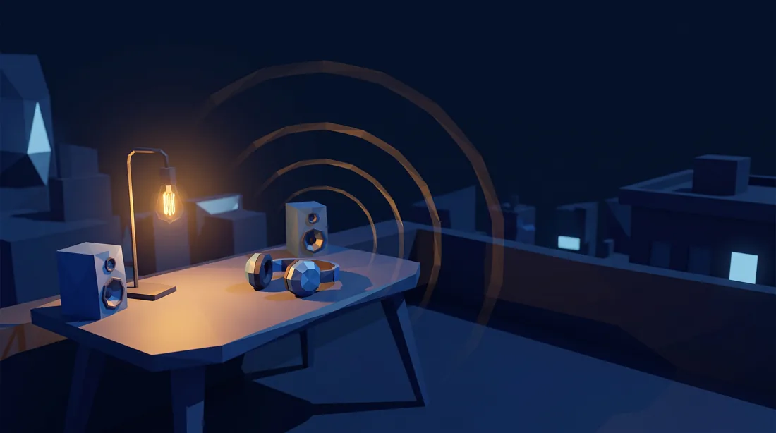 A night desk with a headset and soft arcs of a call connecting.