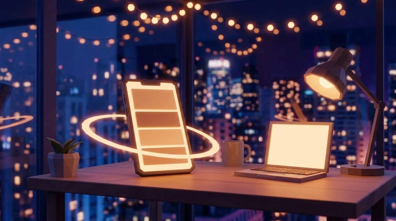 A night desk with a phone showing a glowing feed of post tiles and a soft ring of engagement marks around it.