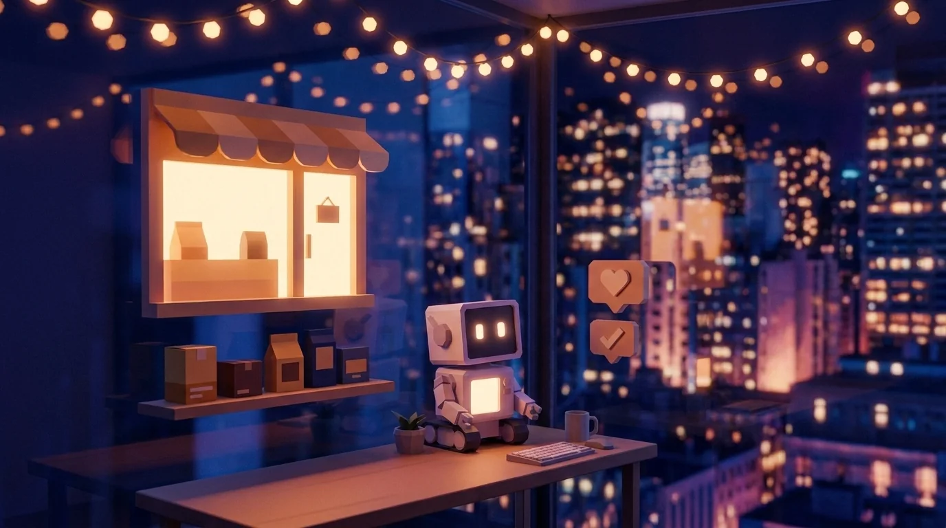 A night desk with a glowing storefront panel, product boxes on a shelf below it and two soft social icons beside it.