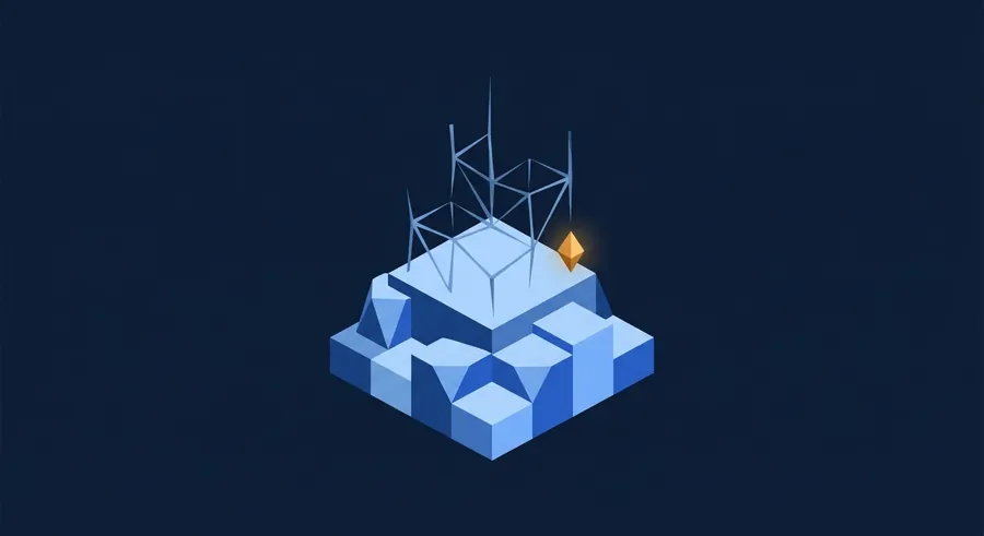 A faceted island with light scaffolding rising from it and a single gold spark.