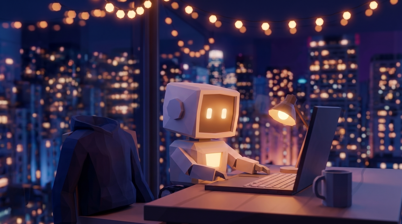 A small robot works alone at a lit night desk, the chair empty and a hoodie left over the back of it.
