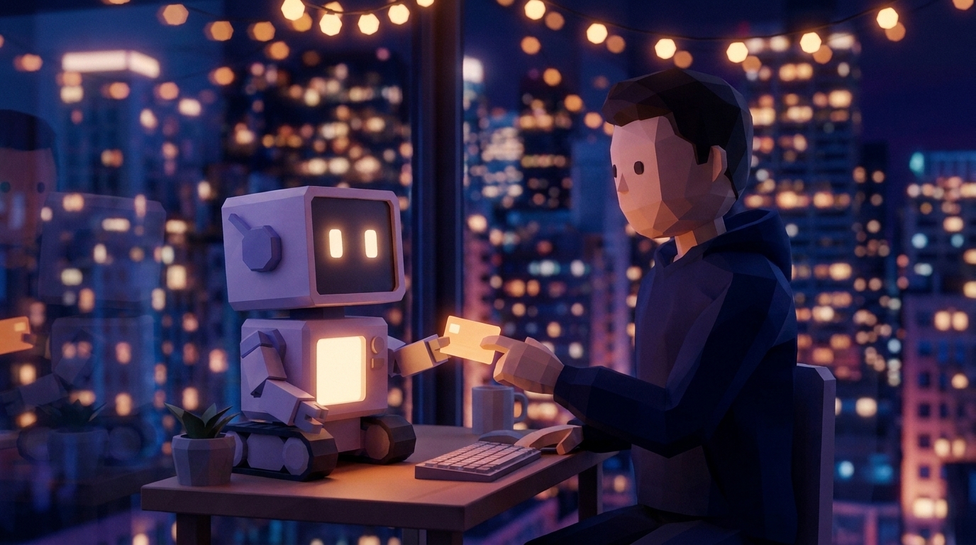 A small robot holds out a glowing card toward a man, waiting, while he reaches to approve it.
