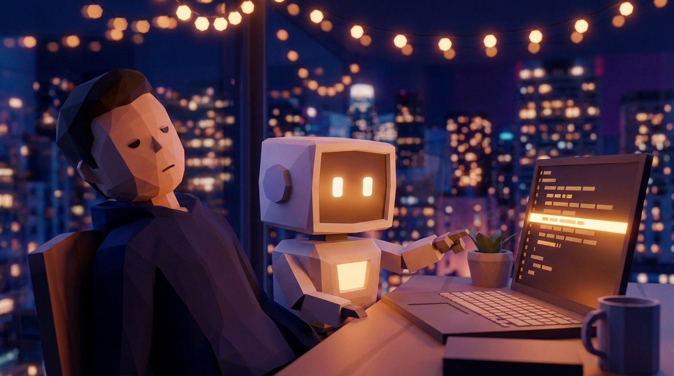 A man leans back at a late night desk while a small robot points at one highlighted line on the laptop screen.