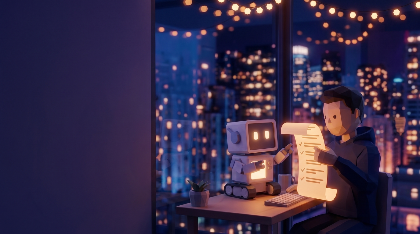 A man reads a long glowing printed record while a small robot points at one line partway down it.